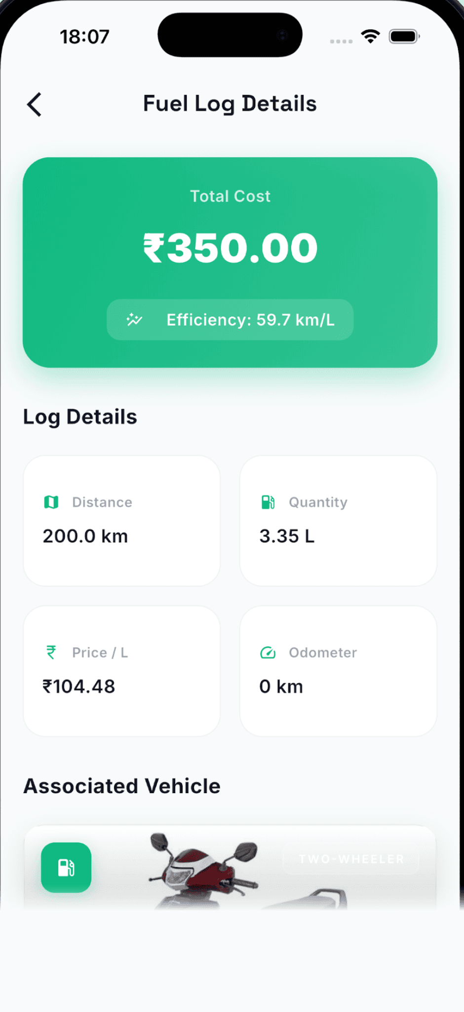 Fuel log details with total cost, fuel efficiency, distance, quantity, price per litre and odometer