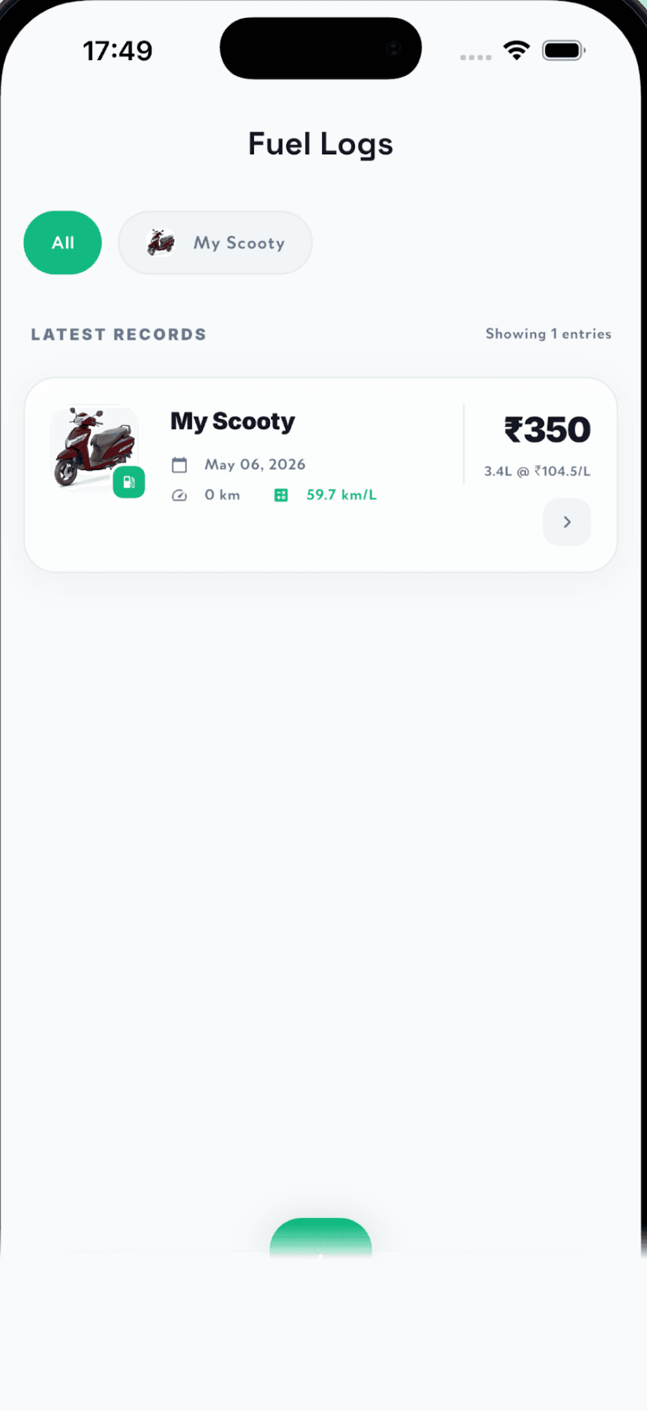 Fuel logs list filtered by vehicle, showing the latest fill-up with cost and efficiency