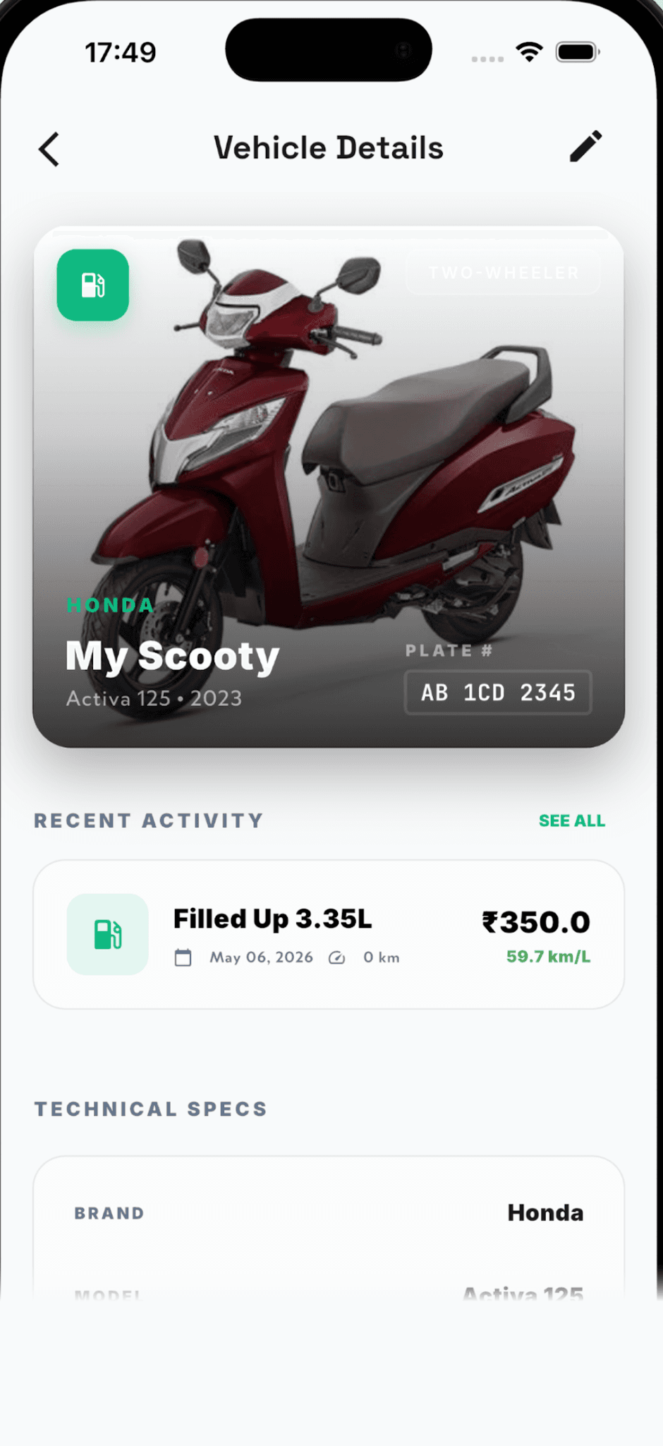 Vehicle details screen showing a Honda Activa with its plate number, recent fuel activity and technical specs